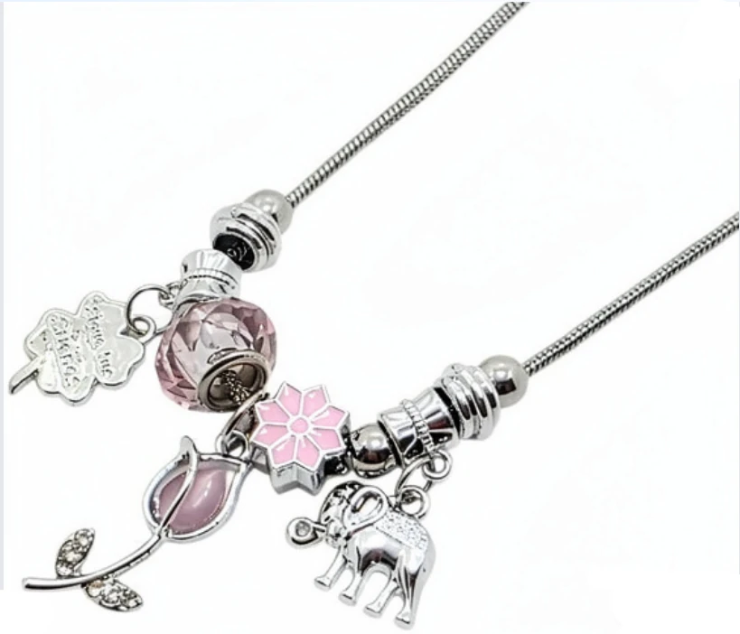 Cadena de acero quirurgico cola de raton simil pandora con dijes fantasia elefante tulipan rosa 45cm